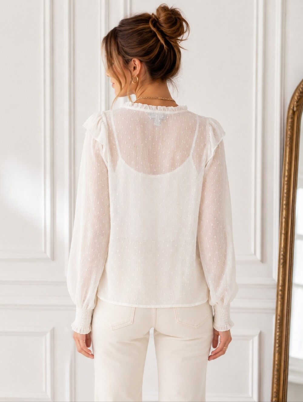 BCX Semi Sheer Swiss Dot Ruffle Blouse Size Large White Long Sleeve Romantic - Picture 2 of 8